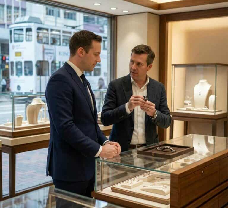 Expat Insurance experts advising on home contents insurance in a jewellery store setting.