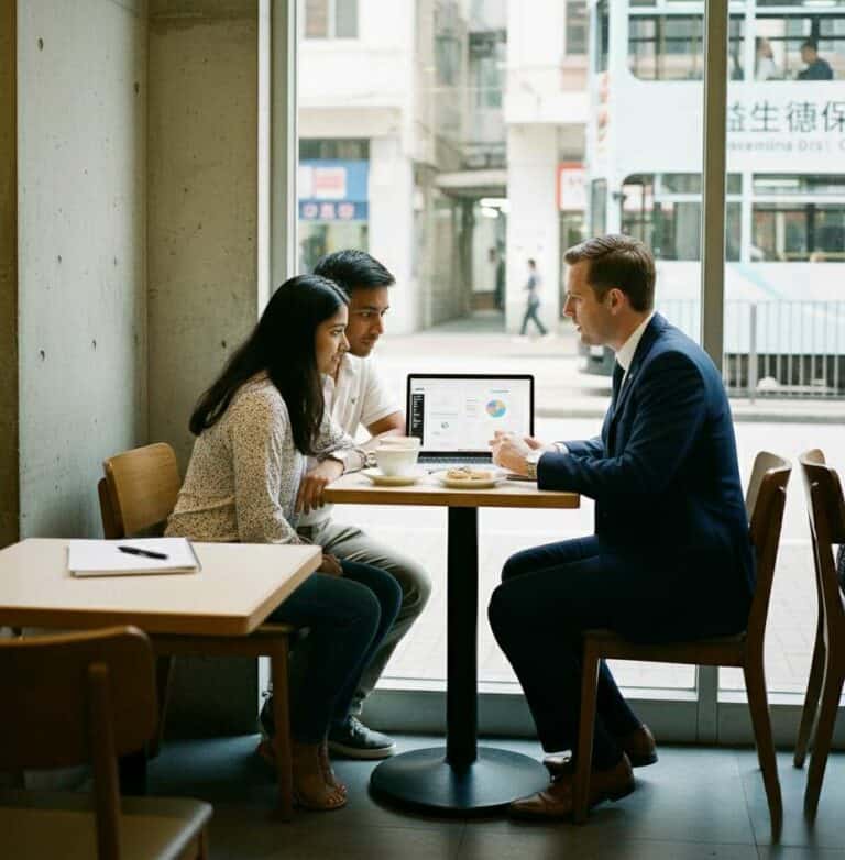 Business meeting discussing term life insurance options in a cafe setting.