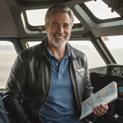 Smiling man in cockpit holding a map, representing international health coverage.