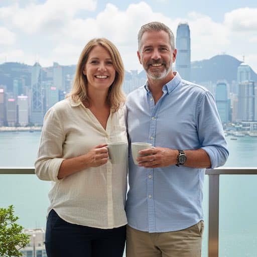 Happy couple enjoying medical insurance benefits in Hong Kong skyline.