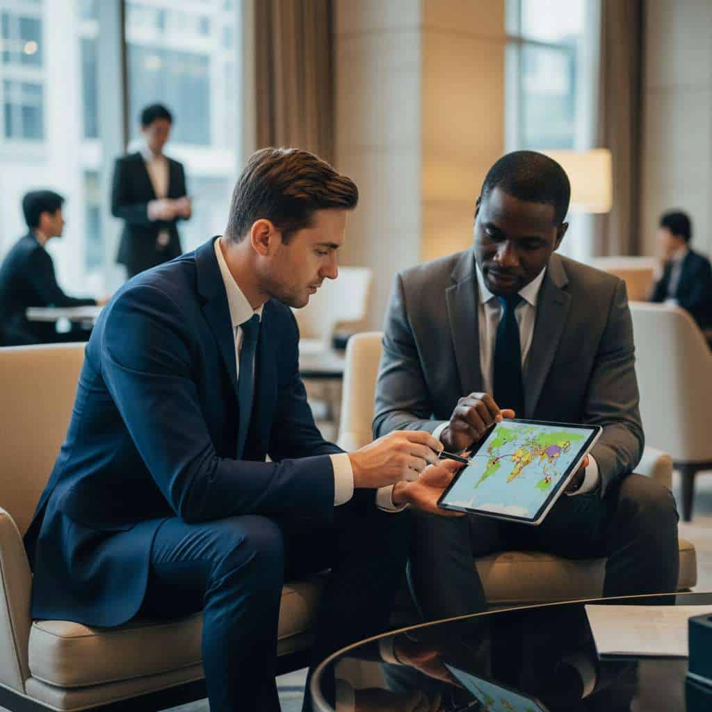 Businessmen discussing expat insurance options with a tablet in a modern office.