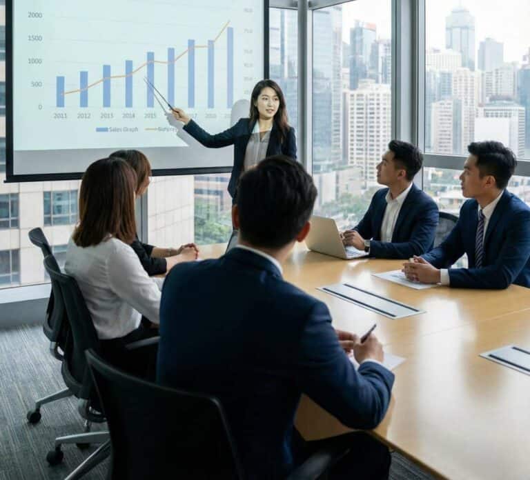 Business meeting discussing expat insurance options in a modern office.