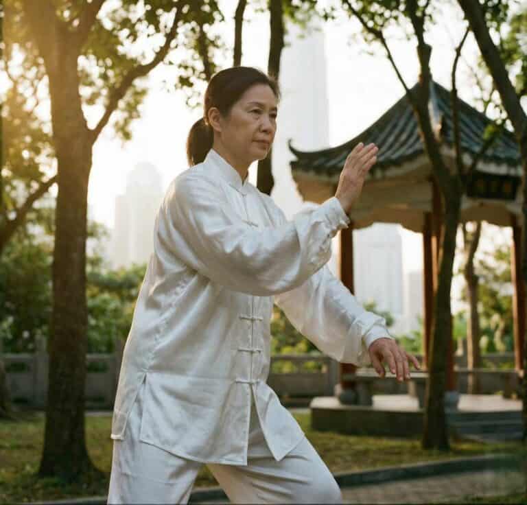 Tai Chi martial artist practicing in park for health and wellness.