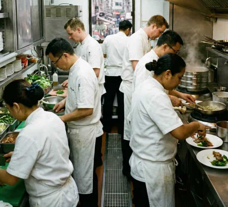 Expat chefs working in a busy kitchen, preparing and plating dishes with focus and teamwork.
