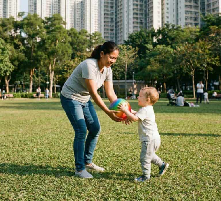 Woman and child playing with a ball in a park, city skyline background.