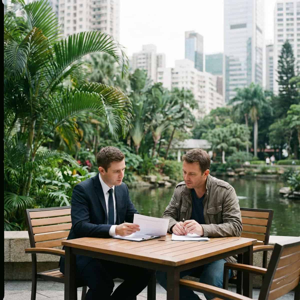 Expat insurance advisor discussing policies with client outdoors in city park.