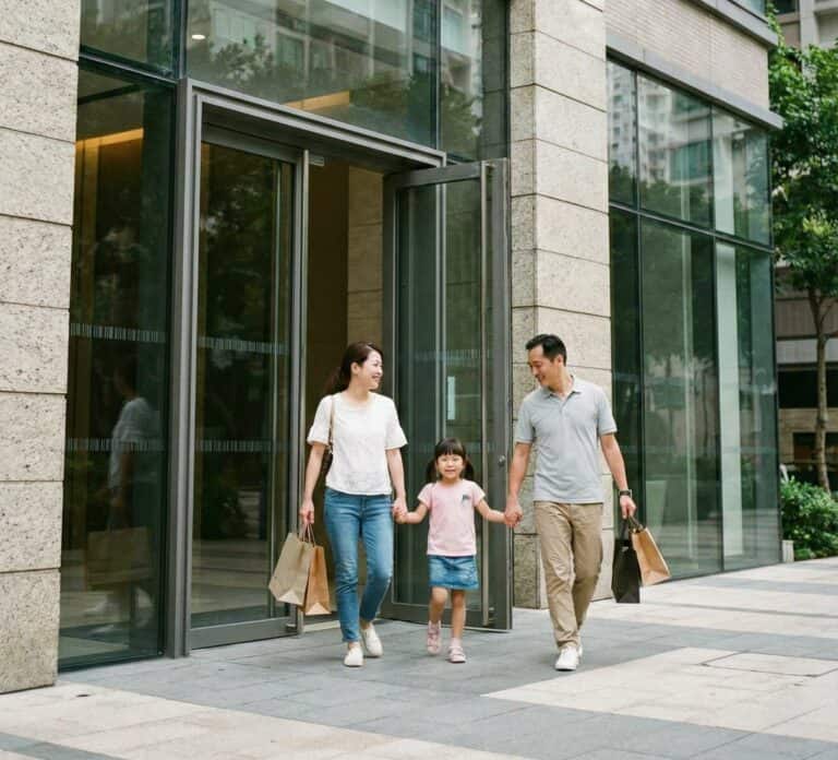 Family walking out of office building with shopping bags in Hong Kong.