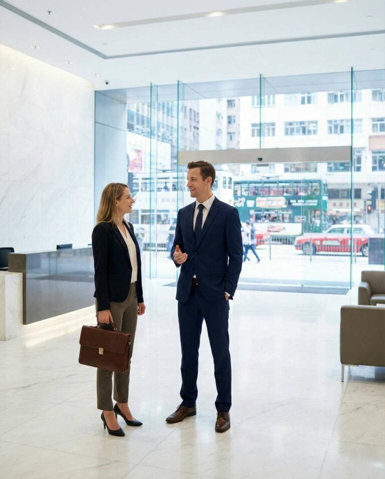 Expat insurance advisor discussing plans with a client in a modern office.