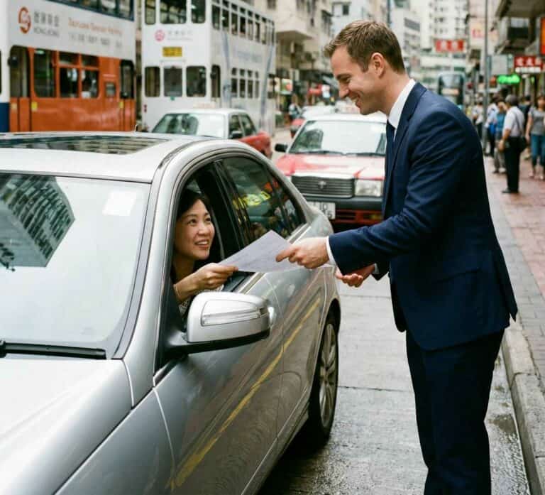 Friendly expat insurance advisor handing documents to a woman in a car in Hong Kong.