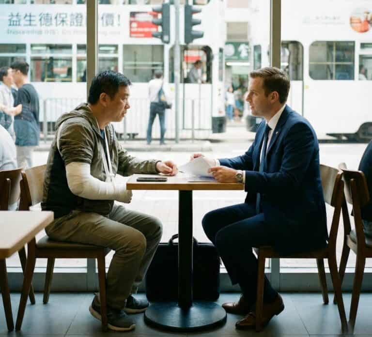 Two men discussing expat insurance options at a cafe in Hong Kong.