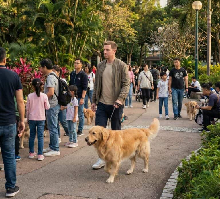 Man walking golden retriever in busy park with families and children.