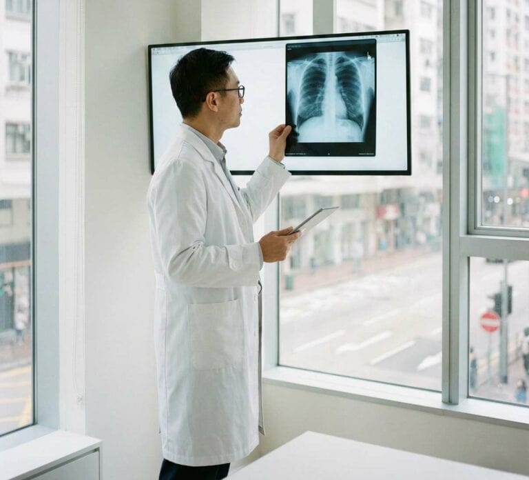 Doctor reviewing chest X-ray image on a monitor for diagnosis.