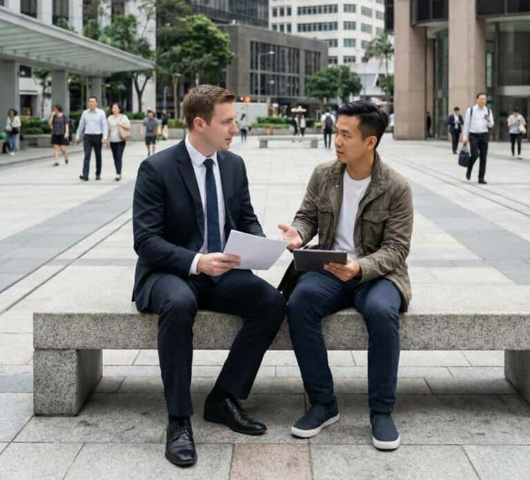Two men discussing expat insurance options outdoors in an urban setting.