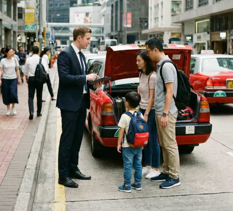 Expat insurance agent discussing coverage options with a family on the street in Hong Kong.