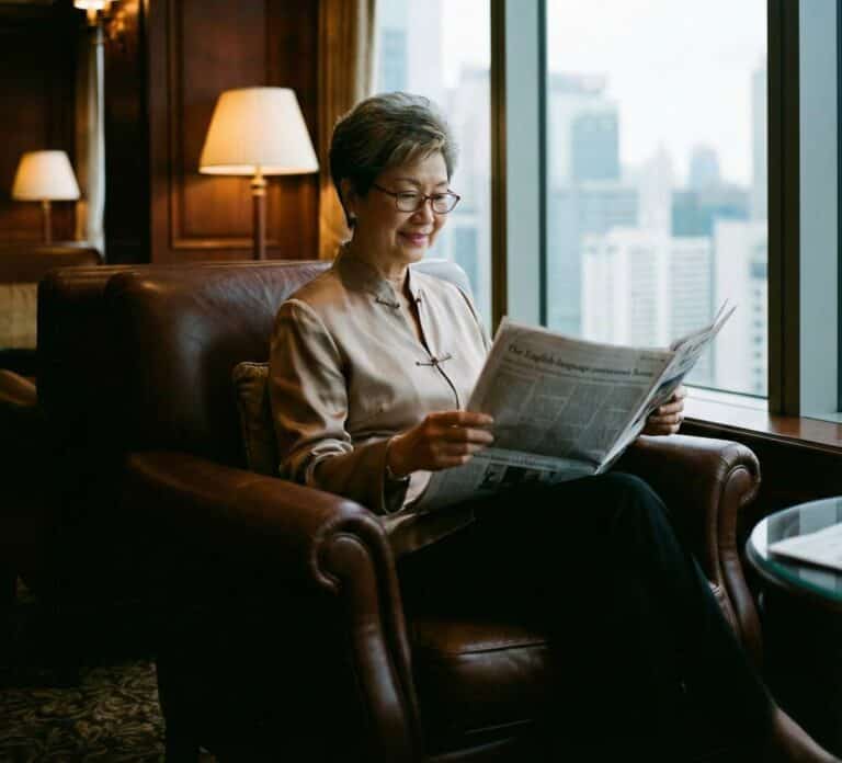 Senior woman reading newspaper in a hotel lounge with city view, Hong Kong expat insurance advice.