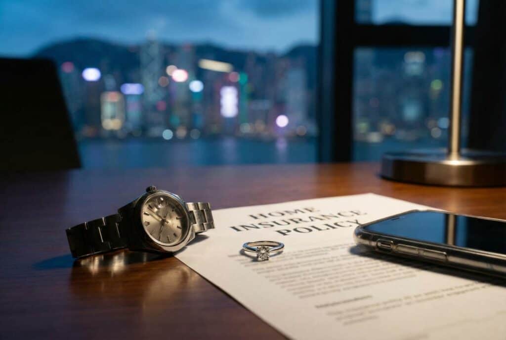 Home insurance policy document with a wristwatch and smartphone on a desk.