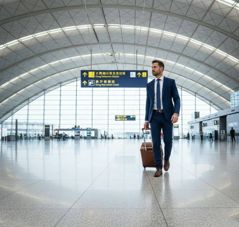 Business traveler at airport with luggage, seeking corporate travel insurance options.
