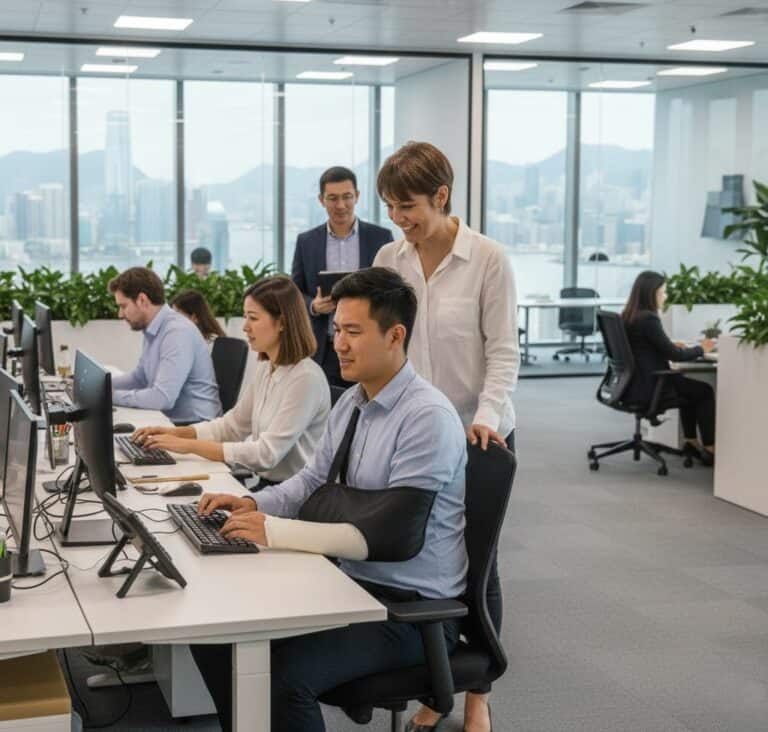 Business team working at computers in modern office, group accident insurance focus.