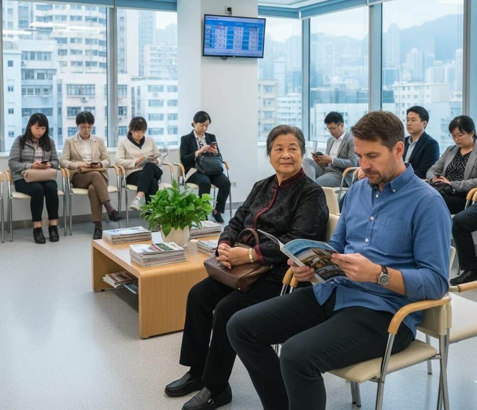 Expats waiting in a medical insurance consultation room in Hong Kong.