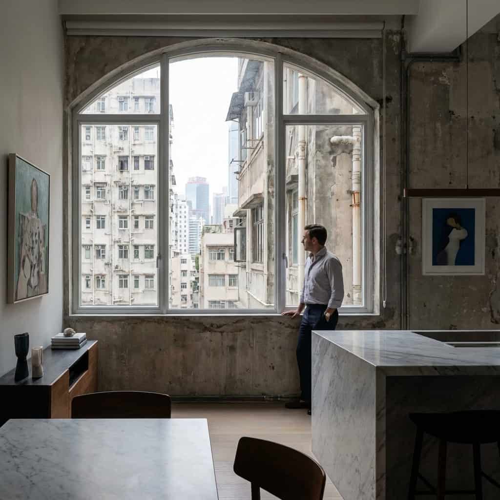 Businessman looking out of large window in modern Hong Kong office.