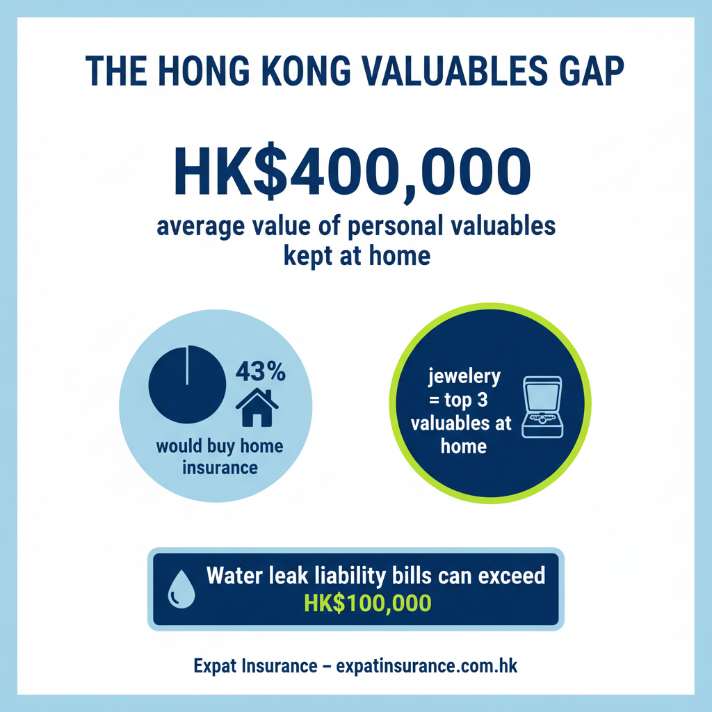 Hong Kong high-density apartment block illustration showing water-leak liability exposure to neighbouring flats in brand blue palette